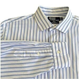Men's Polo Ralph Lauren Philip Two Ply Cotton 16.5-33 Blue Stripe Dress Shirt